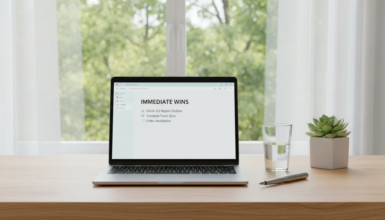 A minimalist desk with an open laptop displaying a productivity app, a glass of water, a pen, and a small plant.