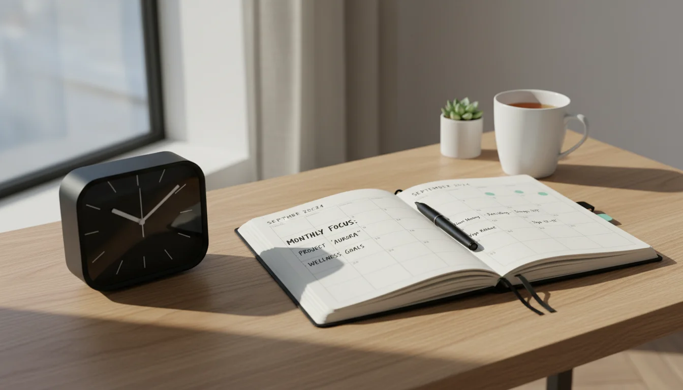 A minimalist desk setup with an analog clock next to an open monthly planner showing long-term goals. A hand rests on the planner.