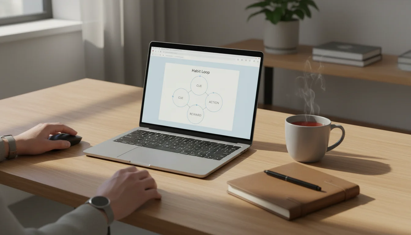 Elevated view of a minimalist desk setup. A laptop displays a 'Habit Loop' diagram. A planner, pen, and tea mug are nearby.