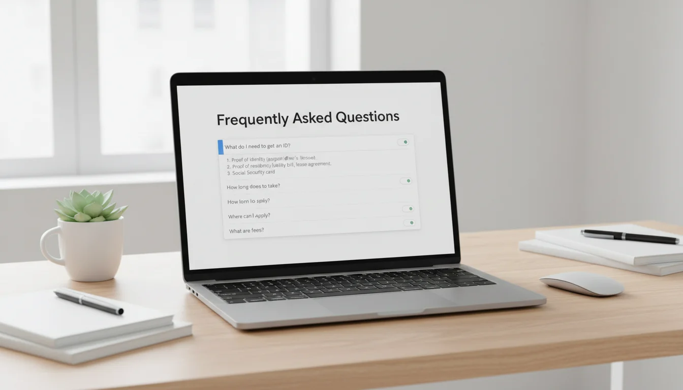 A minimalist desk setup with a laptop showing a Notion FAQ page about core values, alongside a mug, pen, and a small plant.