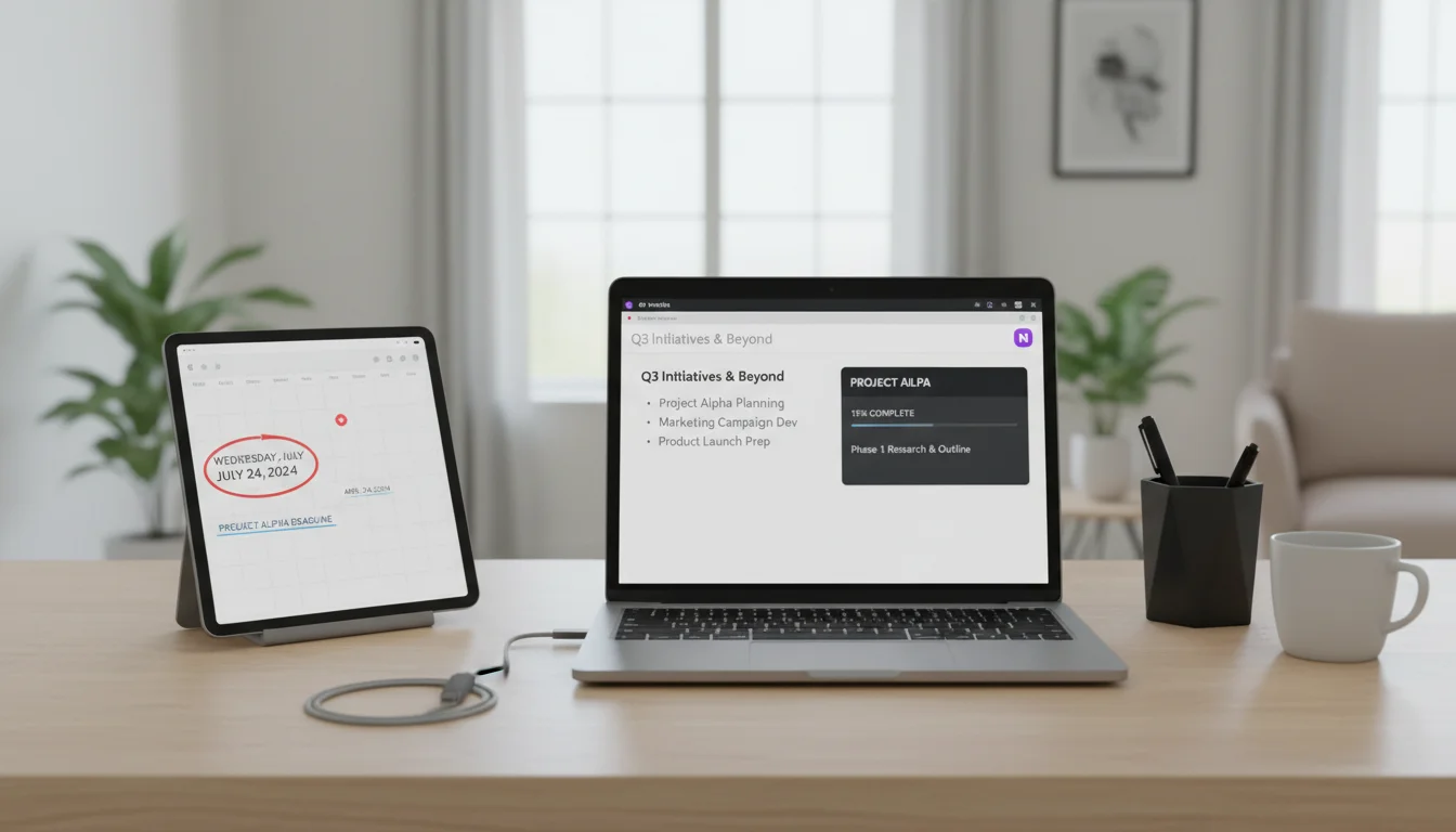 A minimalist desk setup with a laptop showing an urgent deadline, a planner displaying a distant future date, and a coffee cup.
