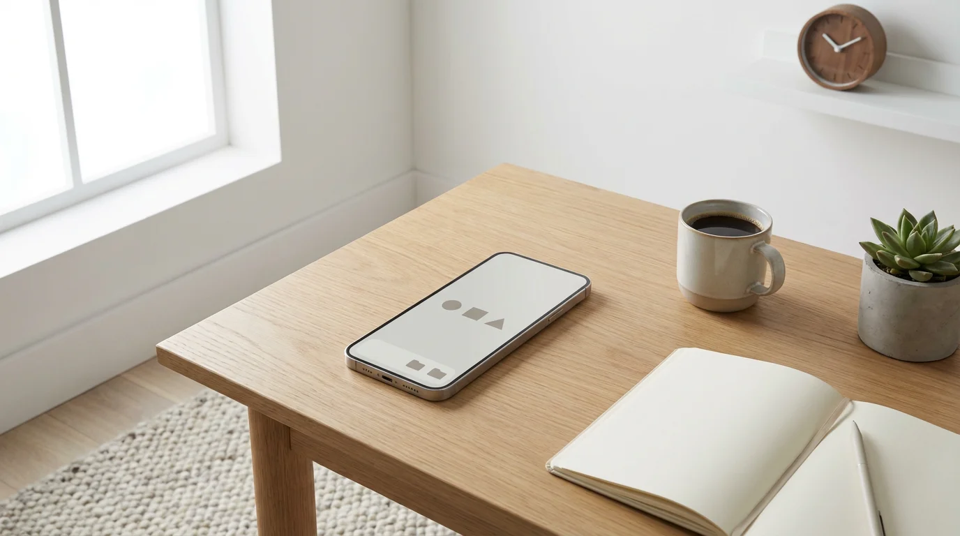 Minimalist desk setup with a phone showing an organized, clutter-free home screen in soft morning light.