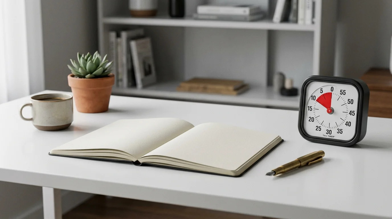 Minimalist desk setup with notebook and analog timer, free of digital devices and screens