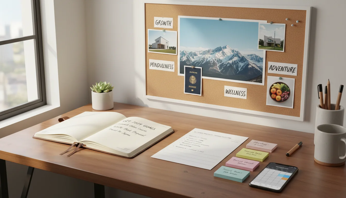 A minimalist desk with a vision board above, featuring a mountain view. On the desk, an open notebook, a task list, and a daily planner illustrate tie