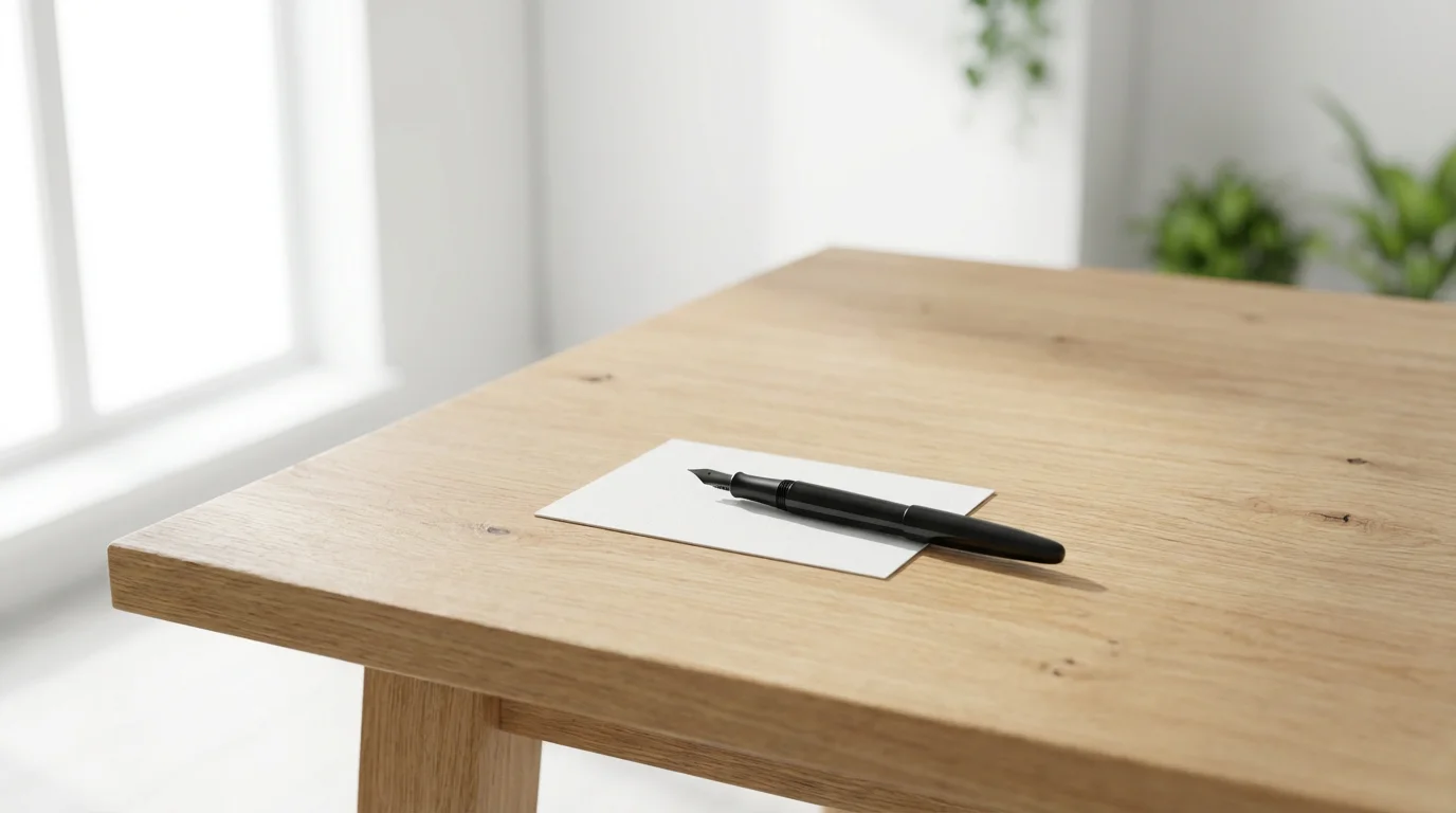 Minimalist desk with a pen resting perfectly on a crisp, ready sheet of paper.
