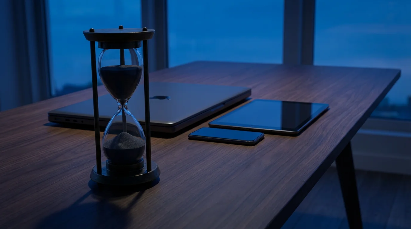 Minimalist desk with devices and an hourglass during blue hour, symbolizing enforced digital detox.