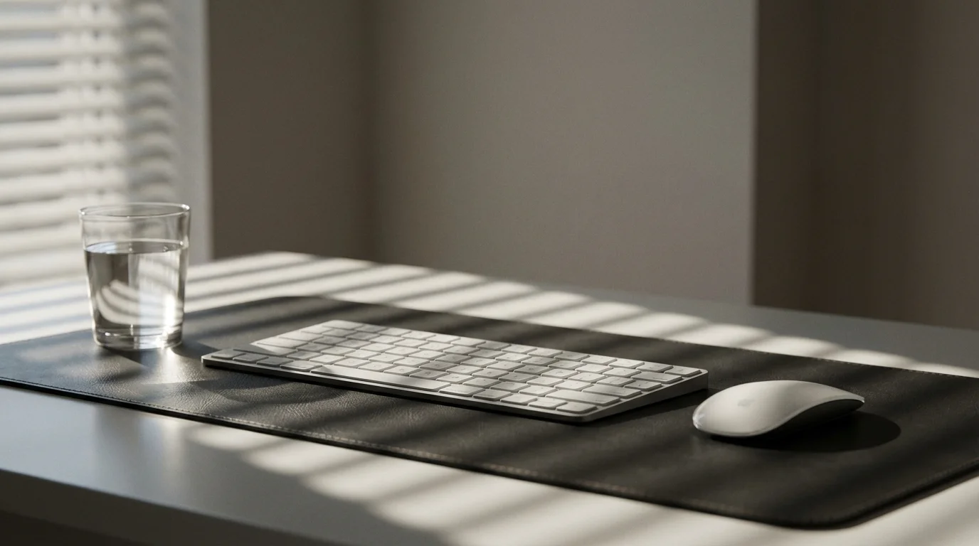 Minimalist desk with keyboard and mouse in moody afternoon lighting representing organized digital workspace
