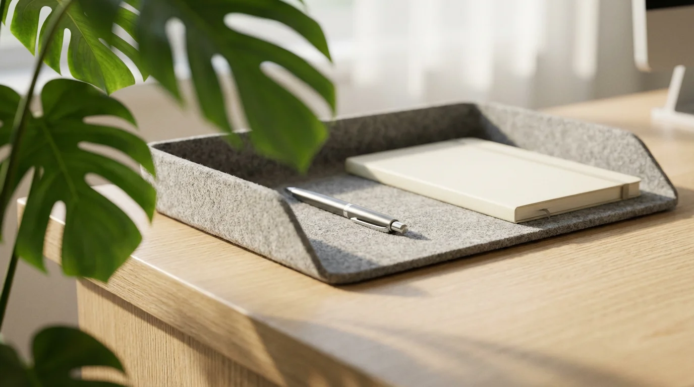 Minimalist felt desk organizer on wooden desk with green plant leaf in soft light