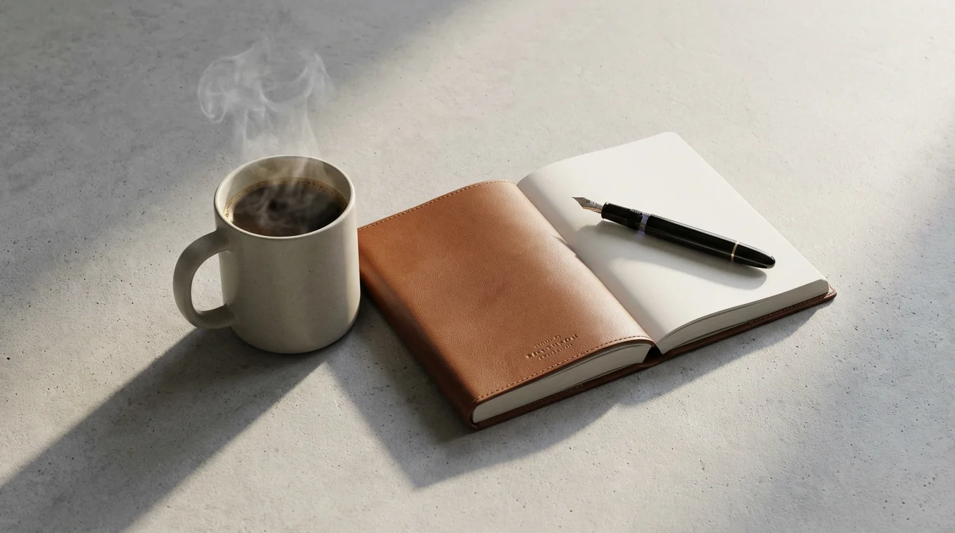 Minimalist flat lay of a steaming ceramic mug and an open journal on a stone countertop.