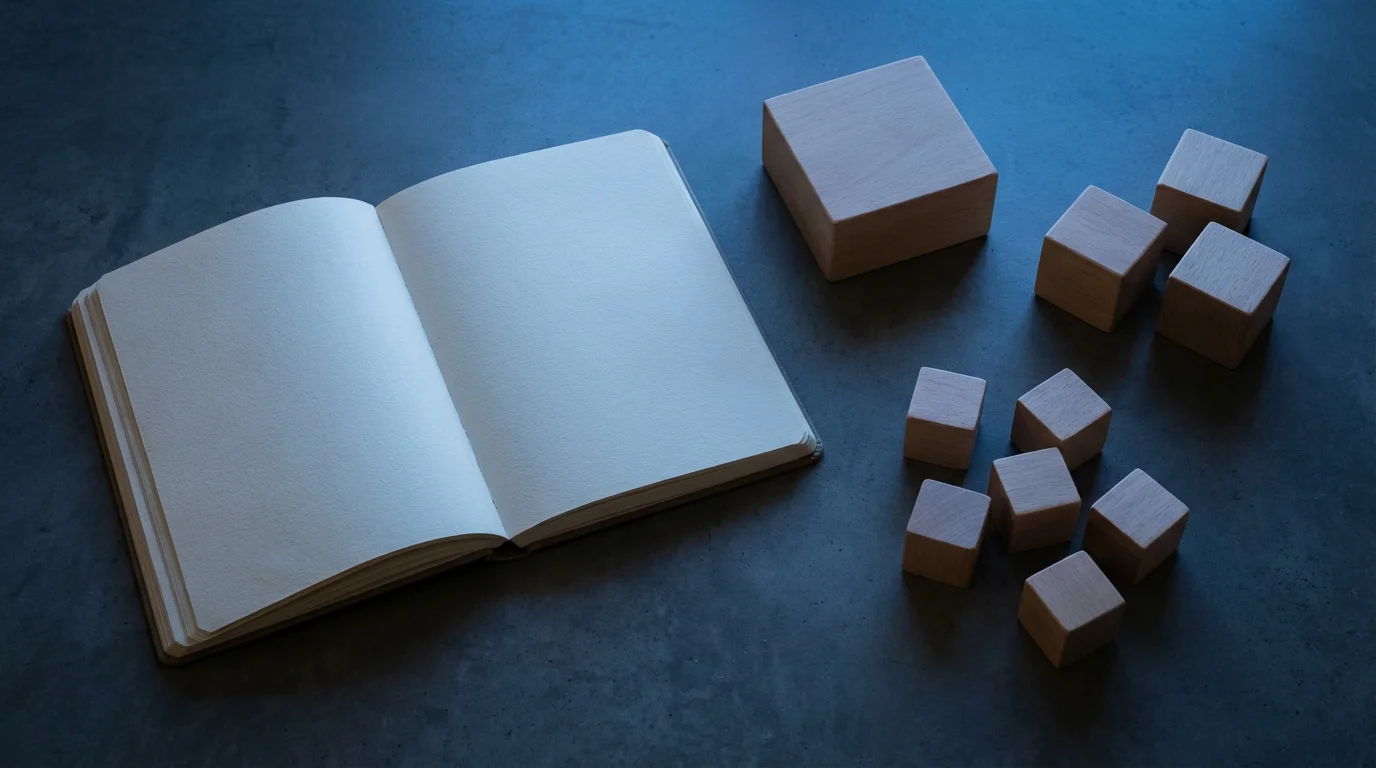 Minimalist flat lay of a time management system using geometric wooden blocks and a blank notebook during blue hour.
