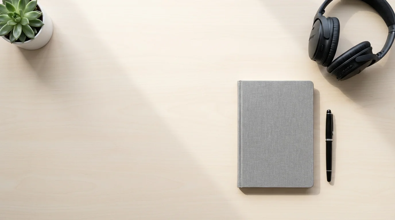 Minimalist flat lay of an organized wooden desk with a gray notebook, pen, and headphones.