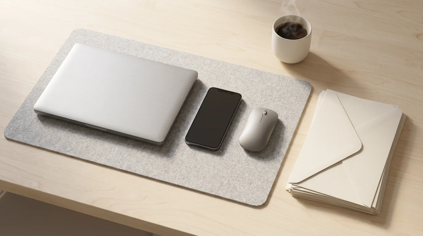 Minimalist flat lay of laptop, smartphone, and organized envelopes on a wooden desk.