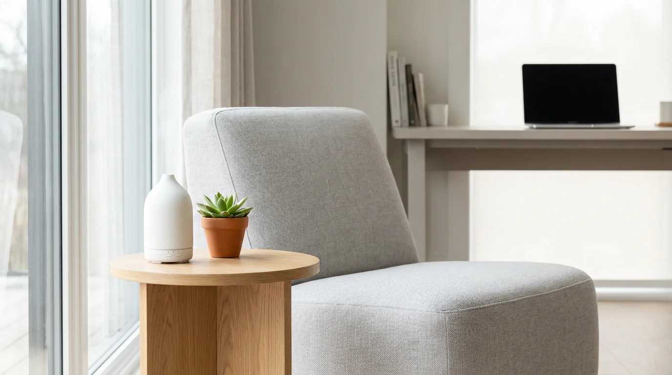 Minimalist home office break corner featuring a gray lounge chair, wood side table, and a succulent.