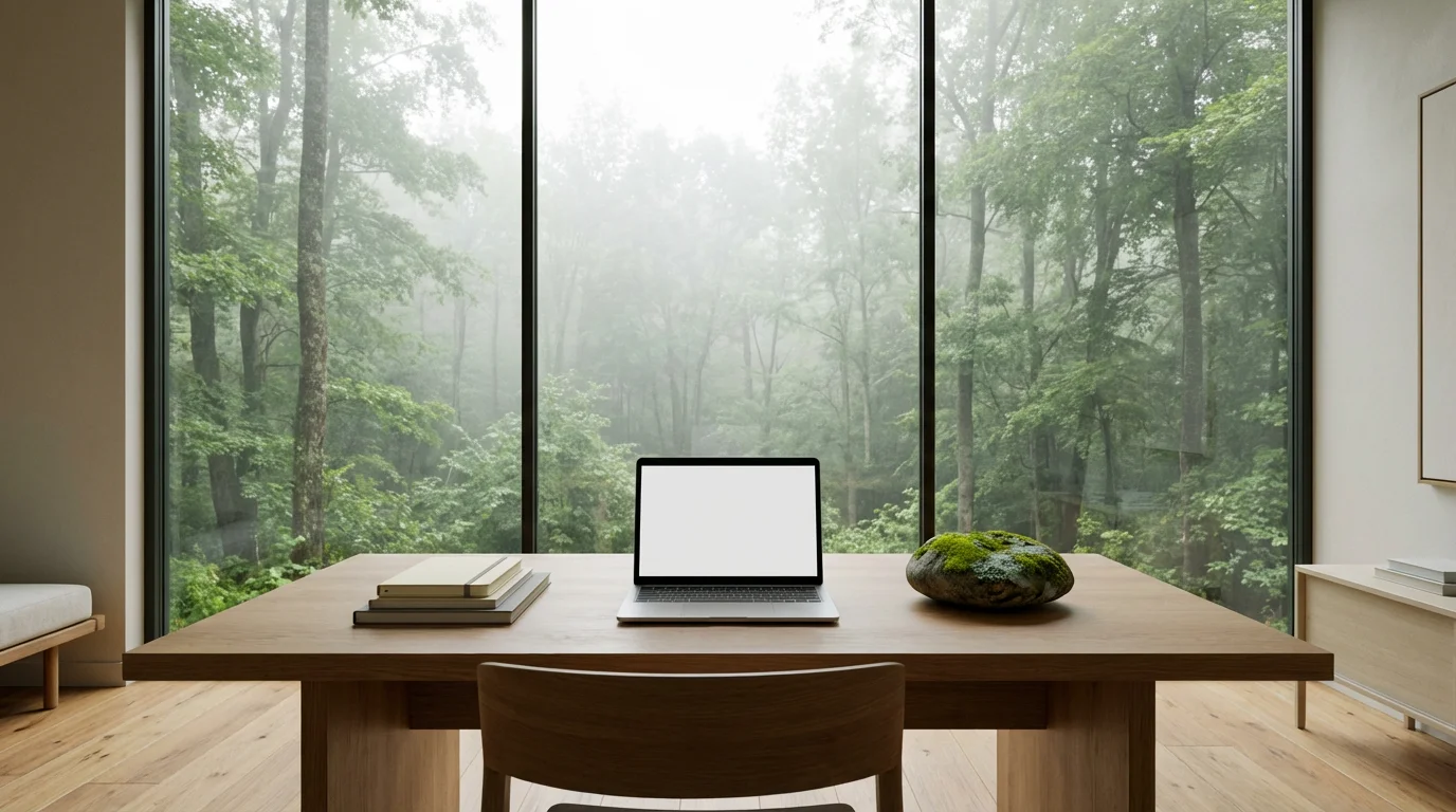 Minimalist home office desk featuring a laptop and mossy stone facing a misty forest view.