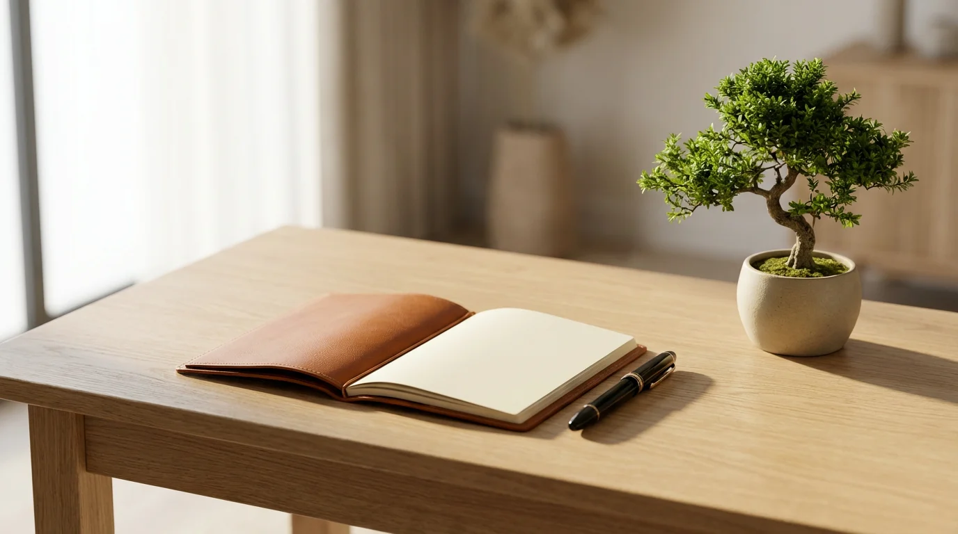 Minimalist home office desk setup with a notebook, pen, and bonsai tree under soft natural light.