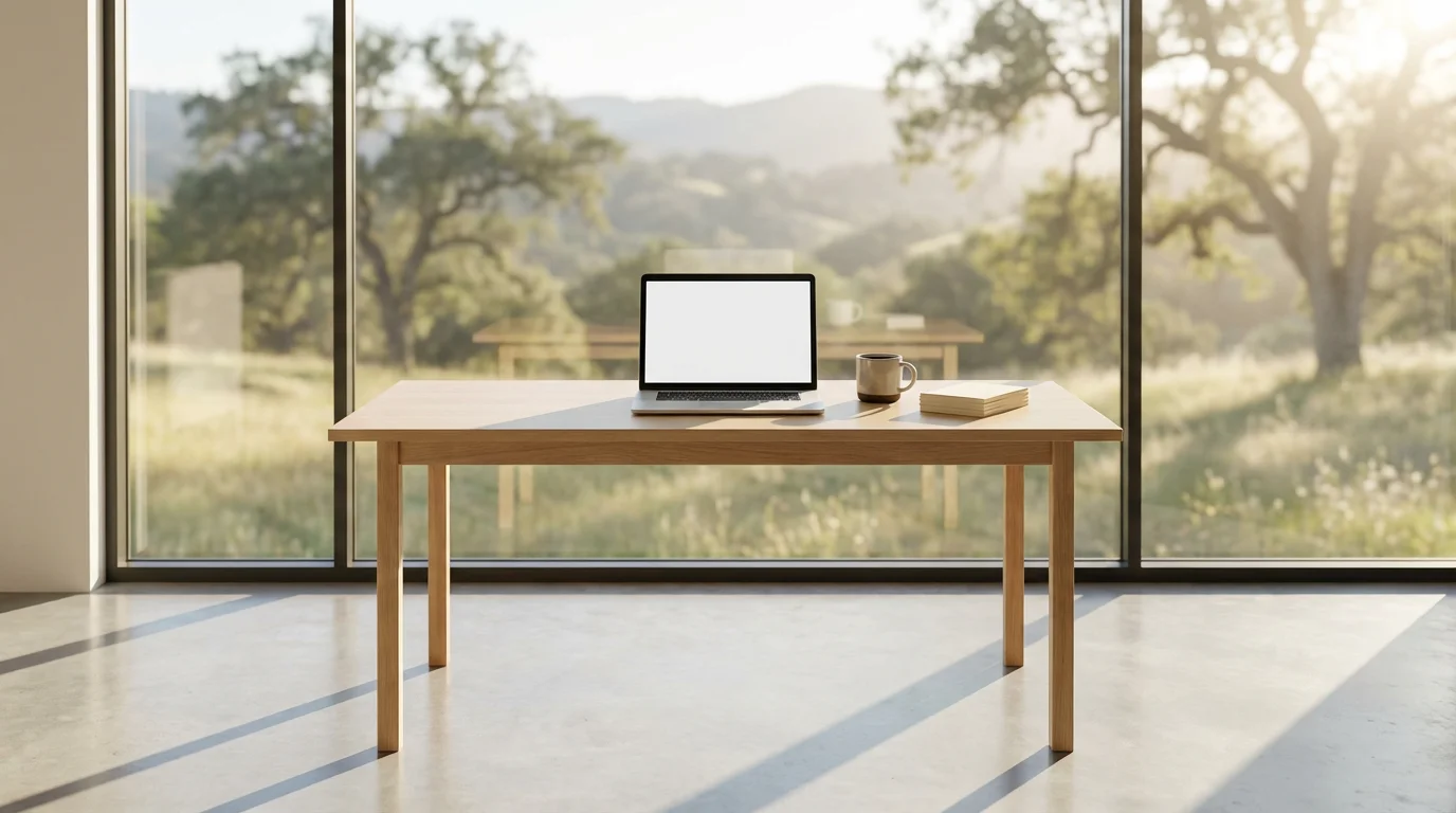 Minimalist home office desk setup with laptop and coffee, illuminated by soft morning light.