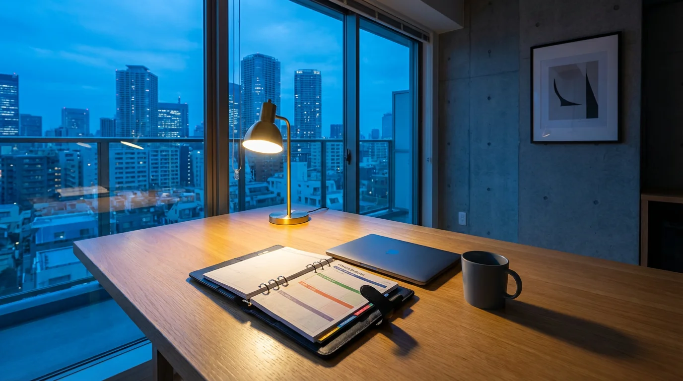 Minimalist home office desk showing an organized time-blocked planner during blue hour.