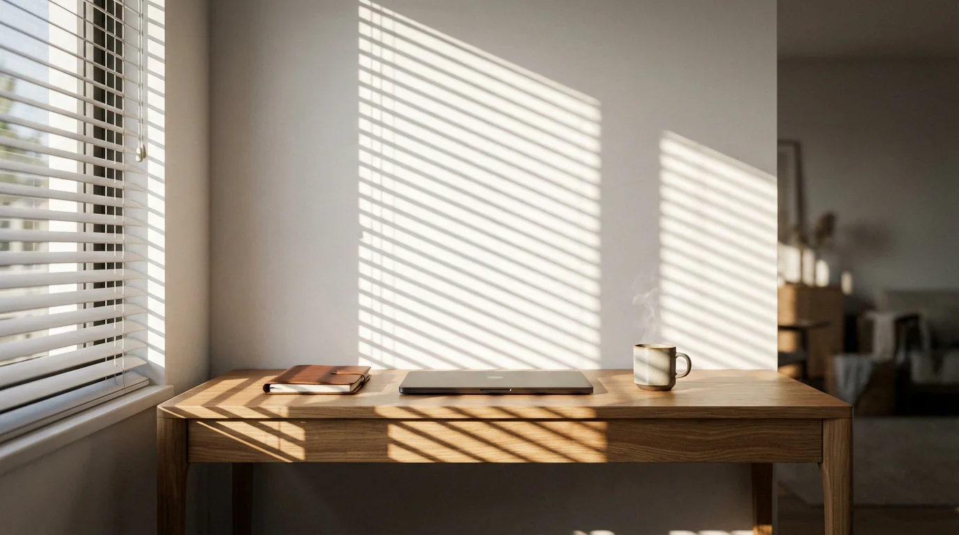 Minimalist home office desk with laptop illuminated by dramatic afternoon sunlight and blind shadows.