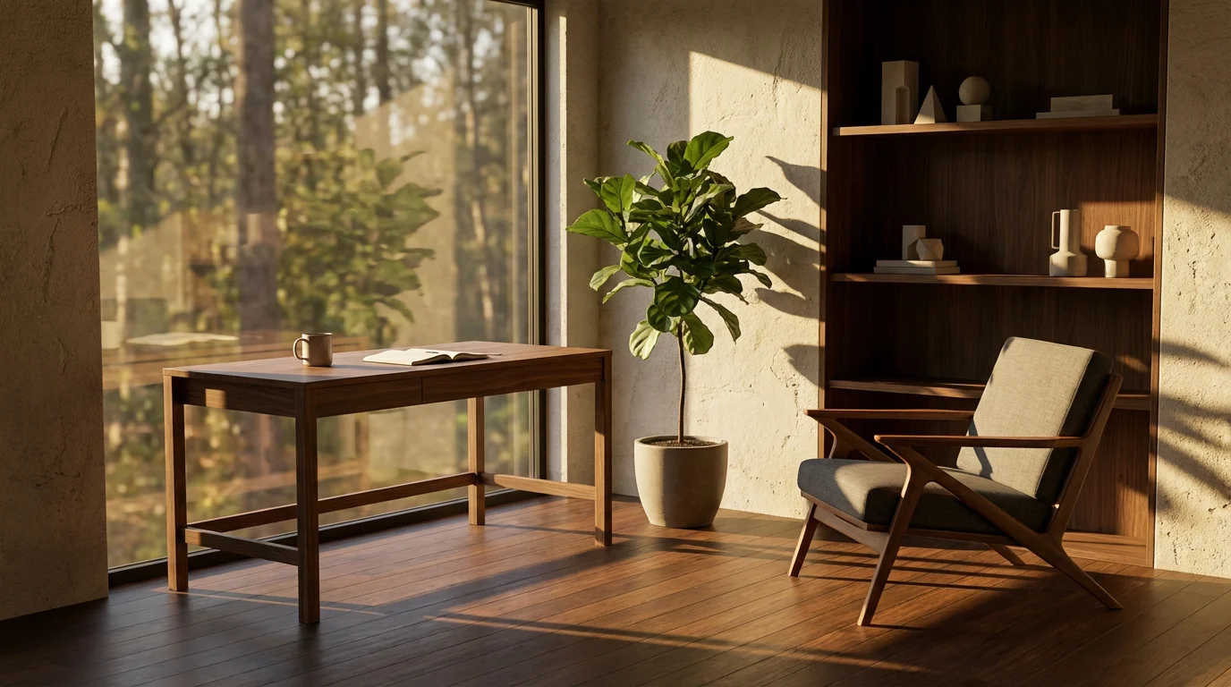Minimalist home office sanctuary with moody afternoon lighting and distraction-free desk setup.
