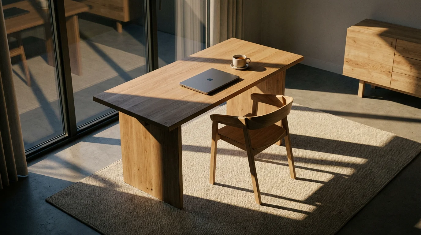 Minimalist home office with dramatic afternoon shadows and a clean, uncluttered desk.