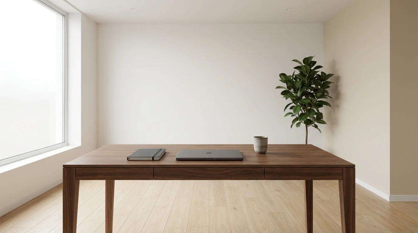 Minimalist home office with walnut desk and natural light designed for productivity.