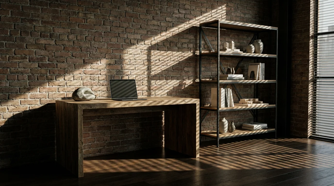 Minimalist industrial home office desk in moody afternoon sunlight with dramatic shadows.