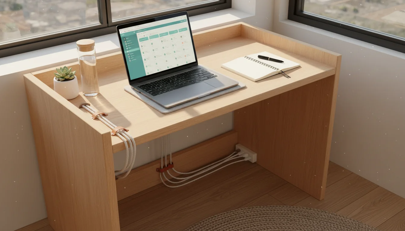 Elevated view of a minimalist light wood desk with laptop, open notebook, pen, plant, and water bottle, showing intuitive organization.