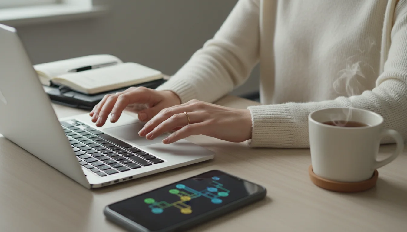 A minimalist light-wood desk with a person's hands near a laptop. A smartphone in the foreground displays a subtle, fleeting notification.