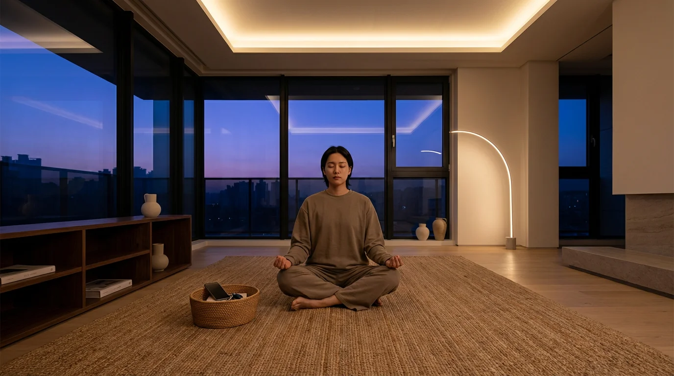Minimalist living room during blue hour featuring a person starting an evening meditation routine on a rug.