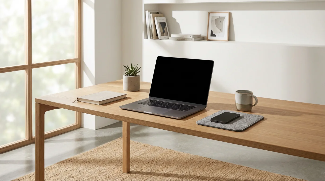 Minimalist, organized home office desk with a laptop and a phone placed face-down in soft morning light.