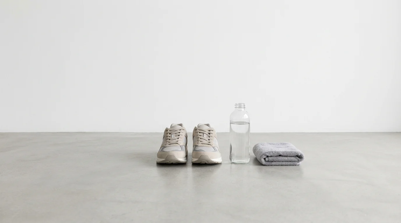 Minimalist photograph showing running shoes, water bottle, and towel set out on a clean floor.