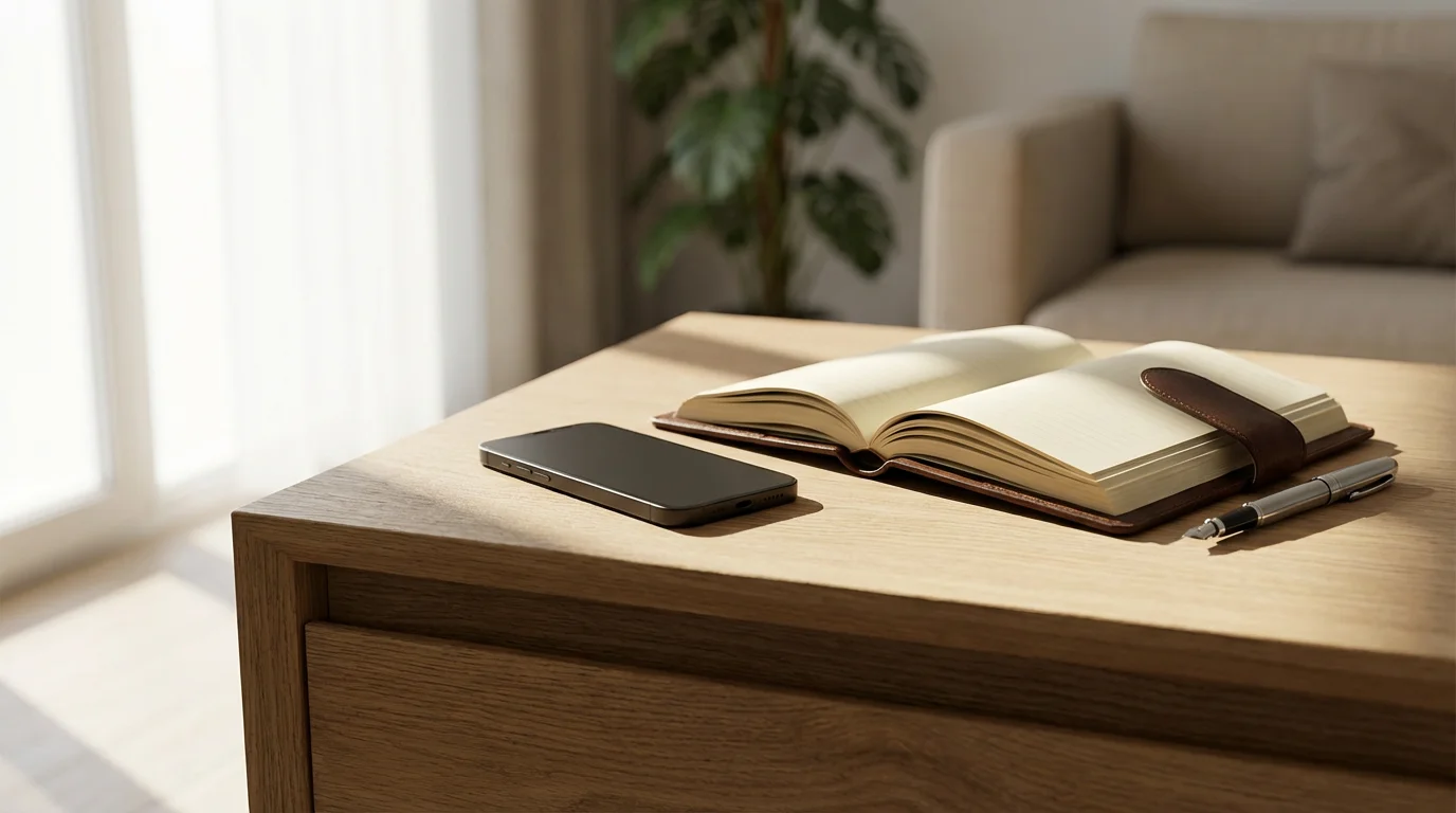 Minimalist smartphone placed face-down next to a leather journal and pen in strong natural window light.