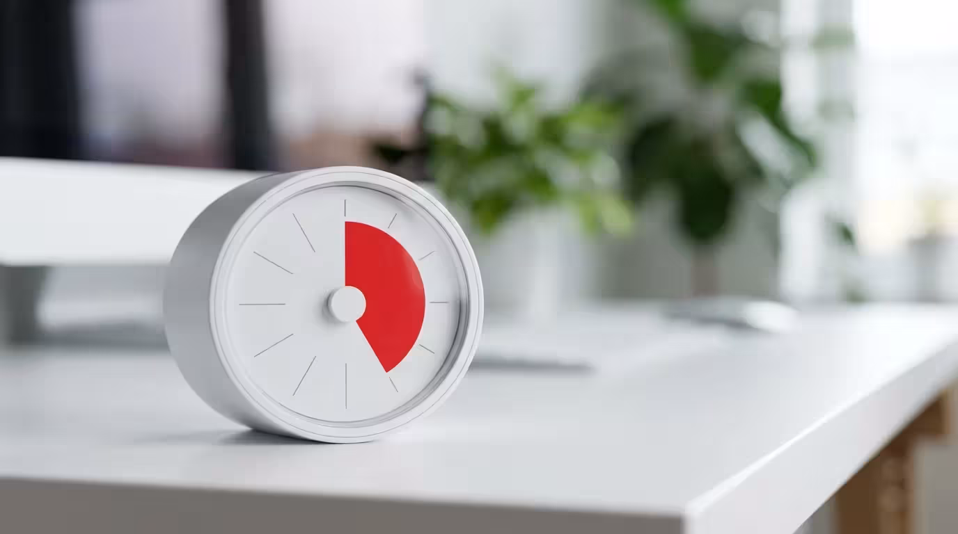 Minimalist visual timer on a desk showing a red 25-minute focus interval.