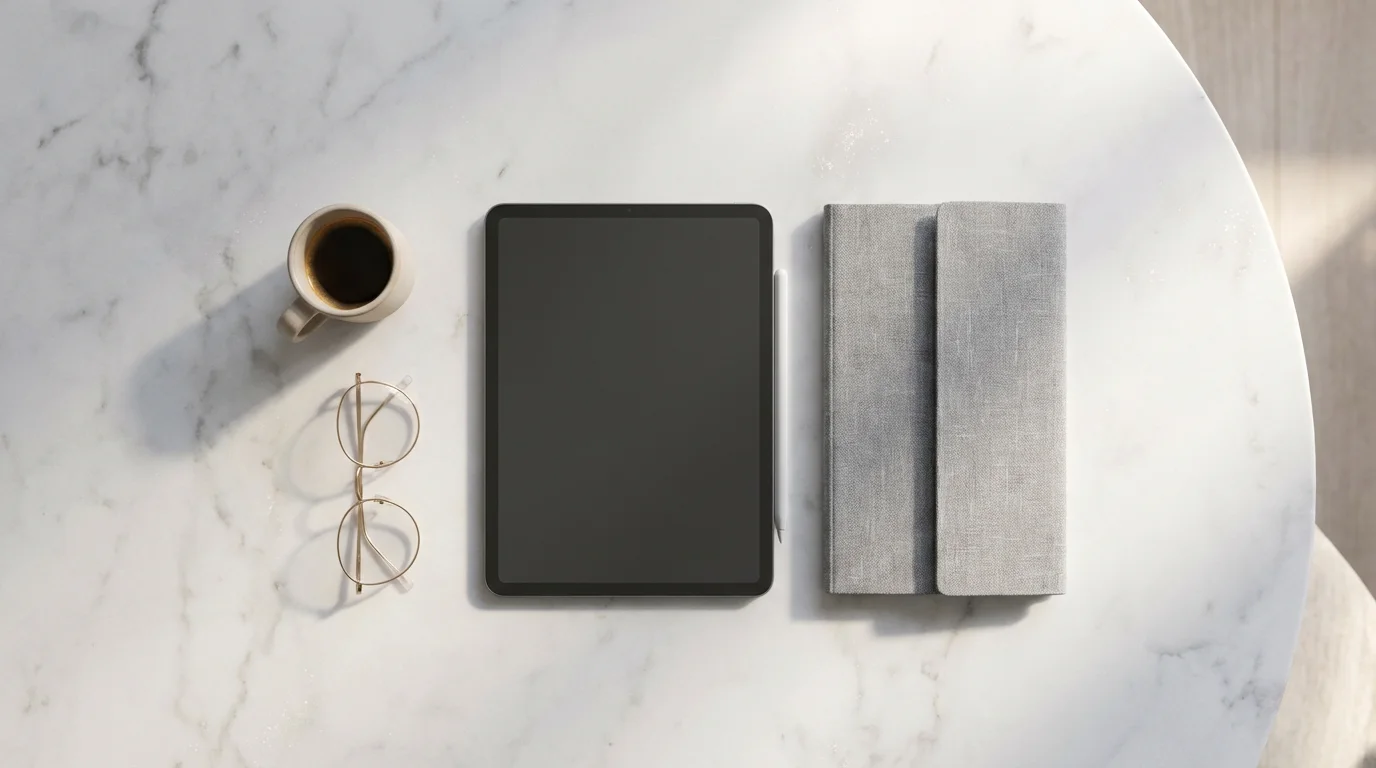 Minimalist white marble desk flat lay with tablet, notebook, and espresso in morning light.