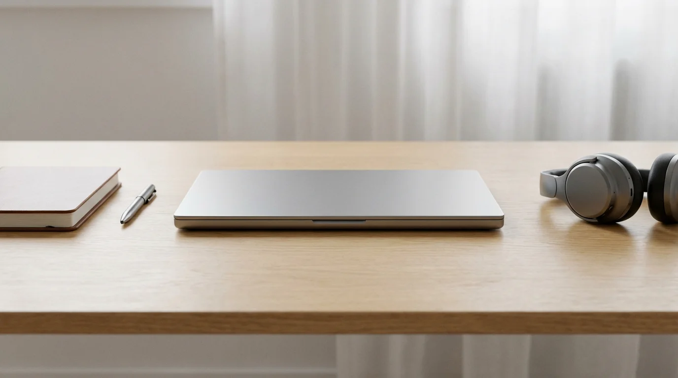 Minimalist wooden desk setup with notebook, headphones, and laptop under soft light.