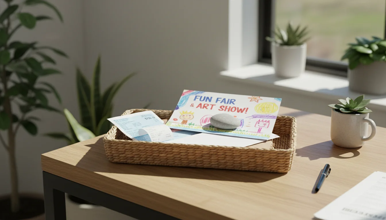 A minimalist wooden tray on a clear desk holds various incoming papers like mail and receipts, acting as a designated 'inbox' zone.