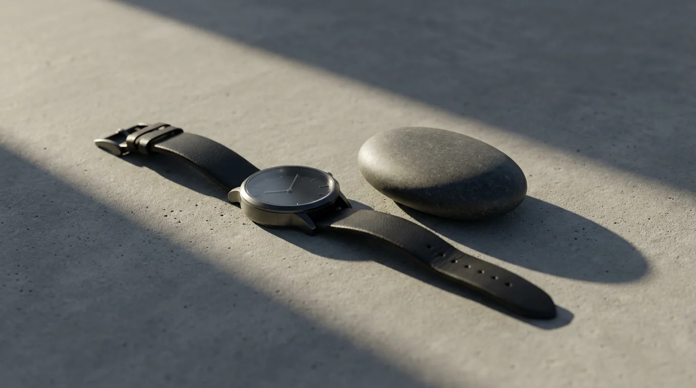 Minimalist wristwatch and smooth river stone linked by shadow on a concrete surface, symbolizing habit stacking.