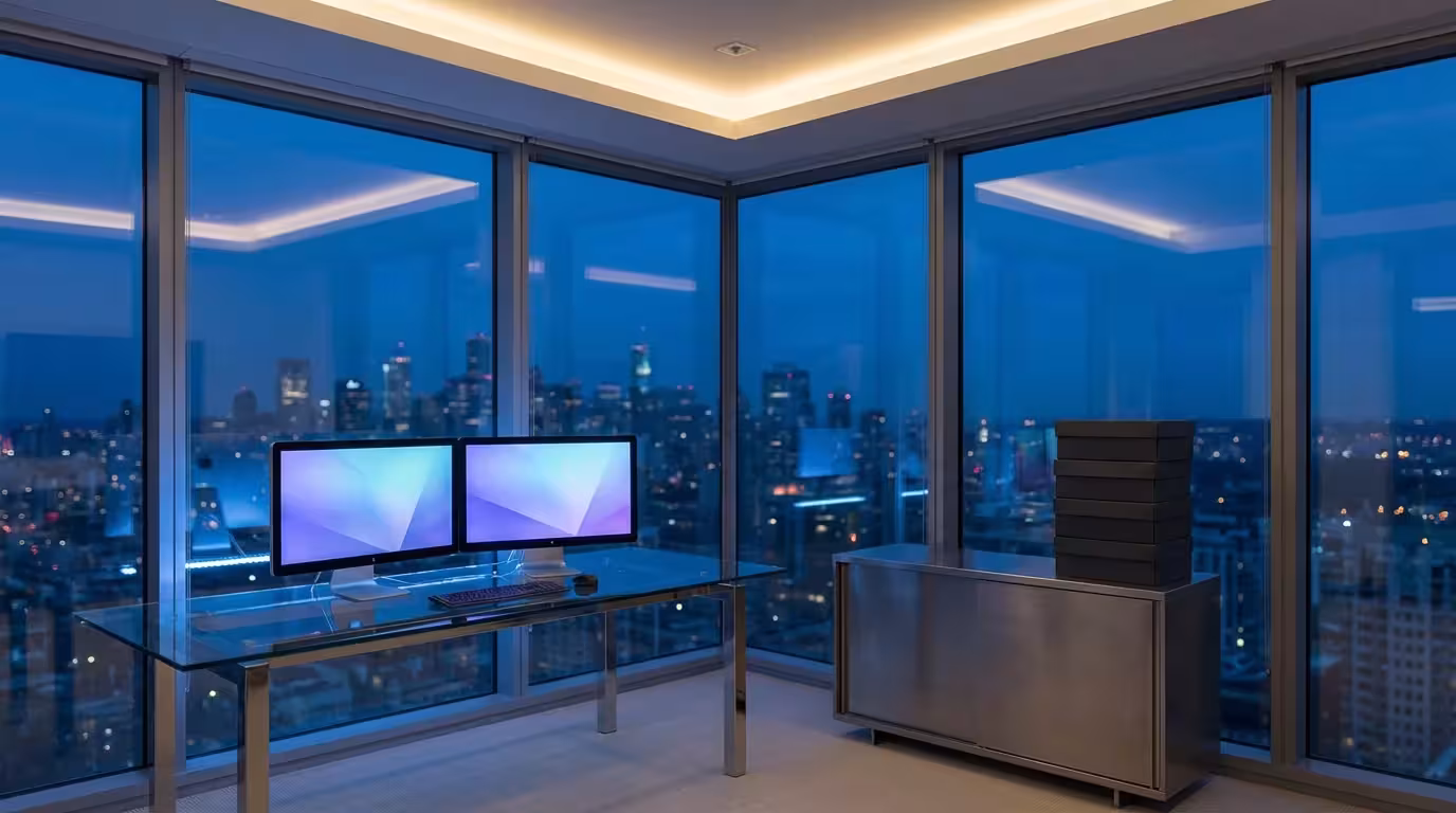 Modern corner office with dual monitors and city skyline view during blue hour evening.