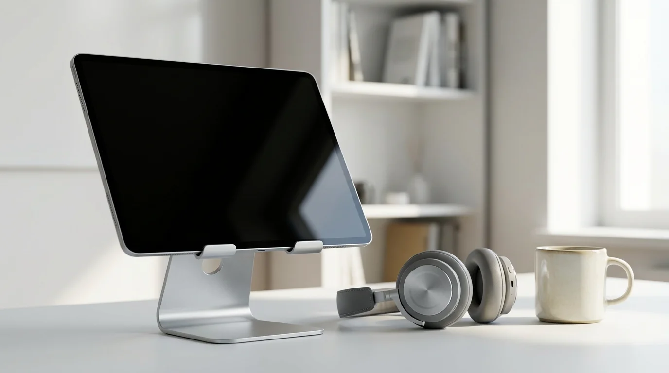 Modern desk setup with tablet, headphones, and coffee cup in natural light.