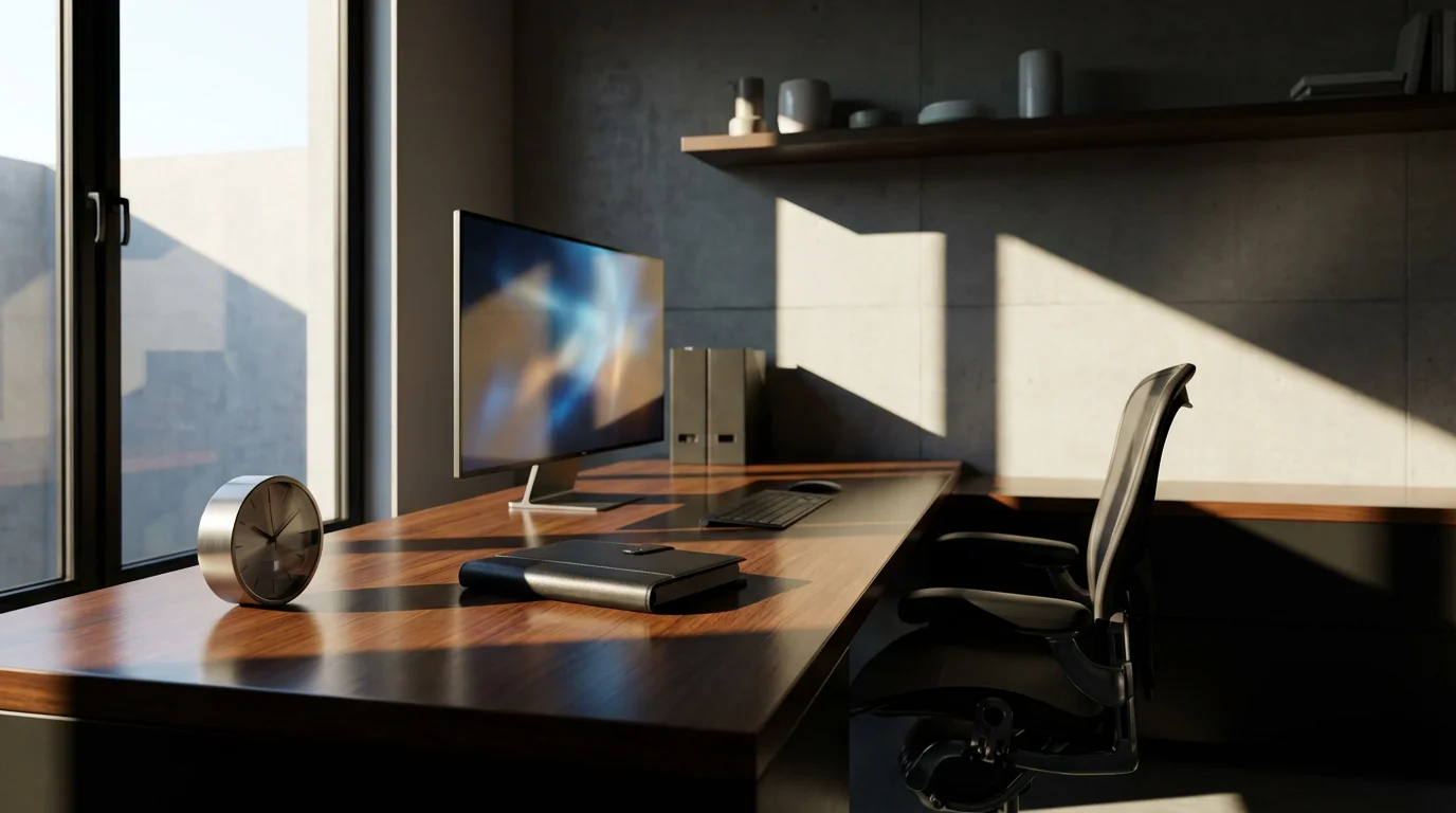 Modern desk setup with timer, journal, and monitor, demonstrating integrated productivity habits.