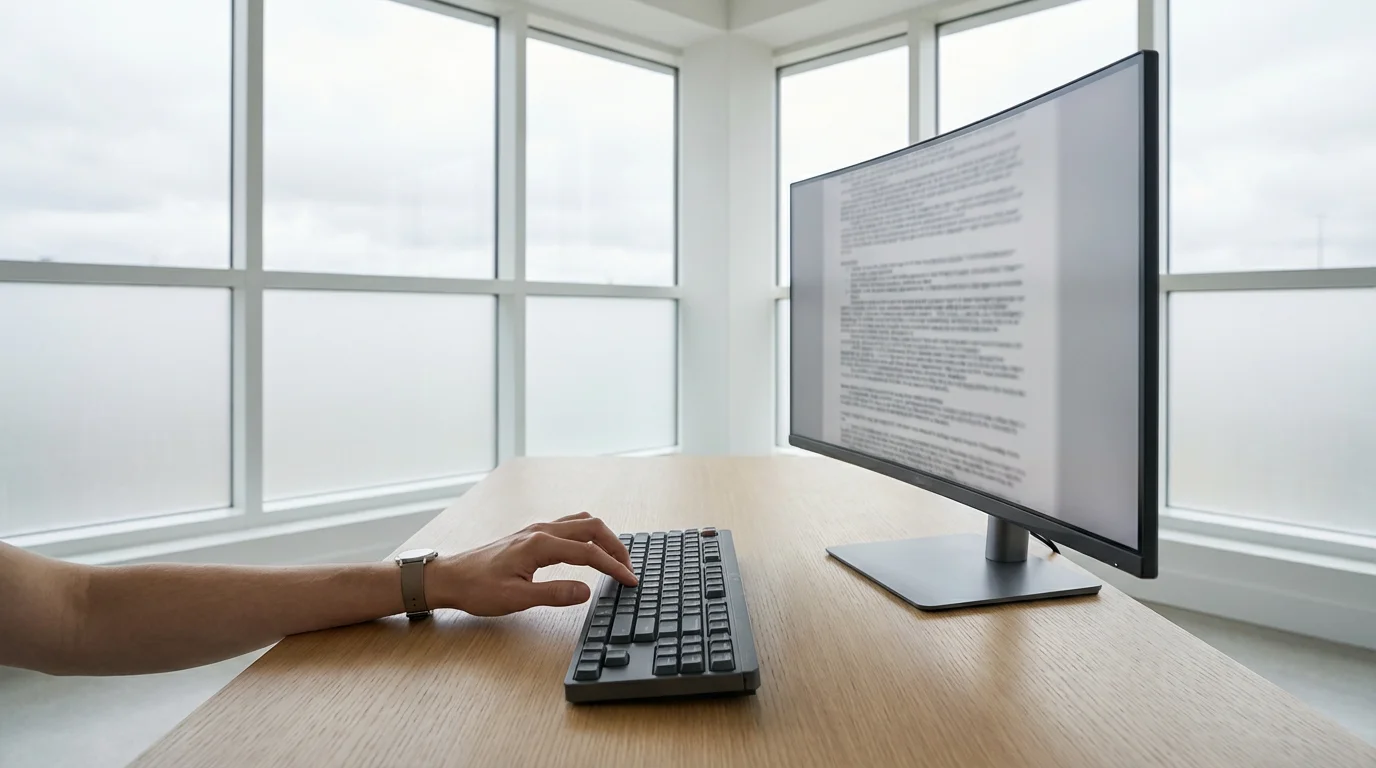 Modern desk showing keyboard macro shortcut instantly generating a long block of text on a monitor.