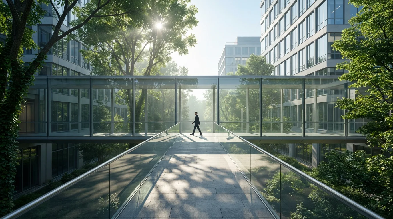 Modern glass walkway in an office campus with soft morning light and greenery