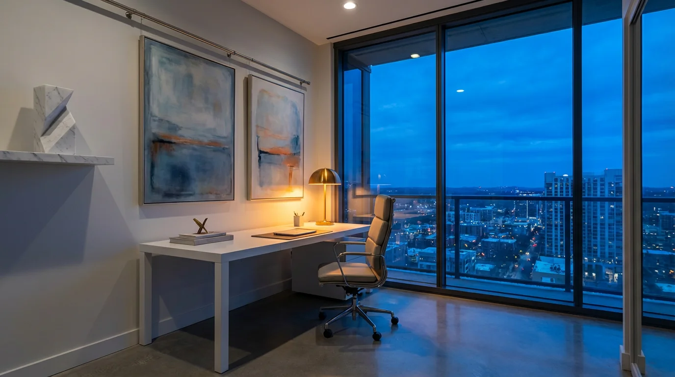 Modern home office at twilight with warm desk lamp and curated abstract art.