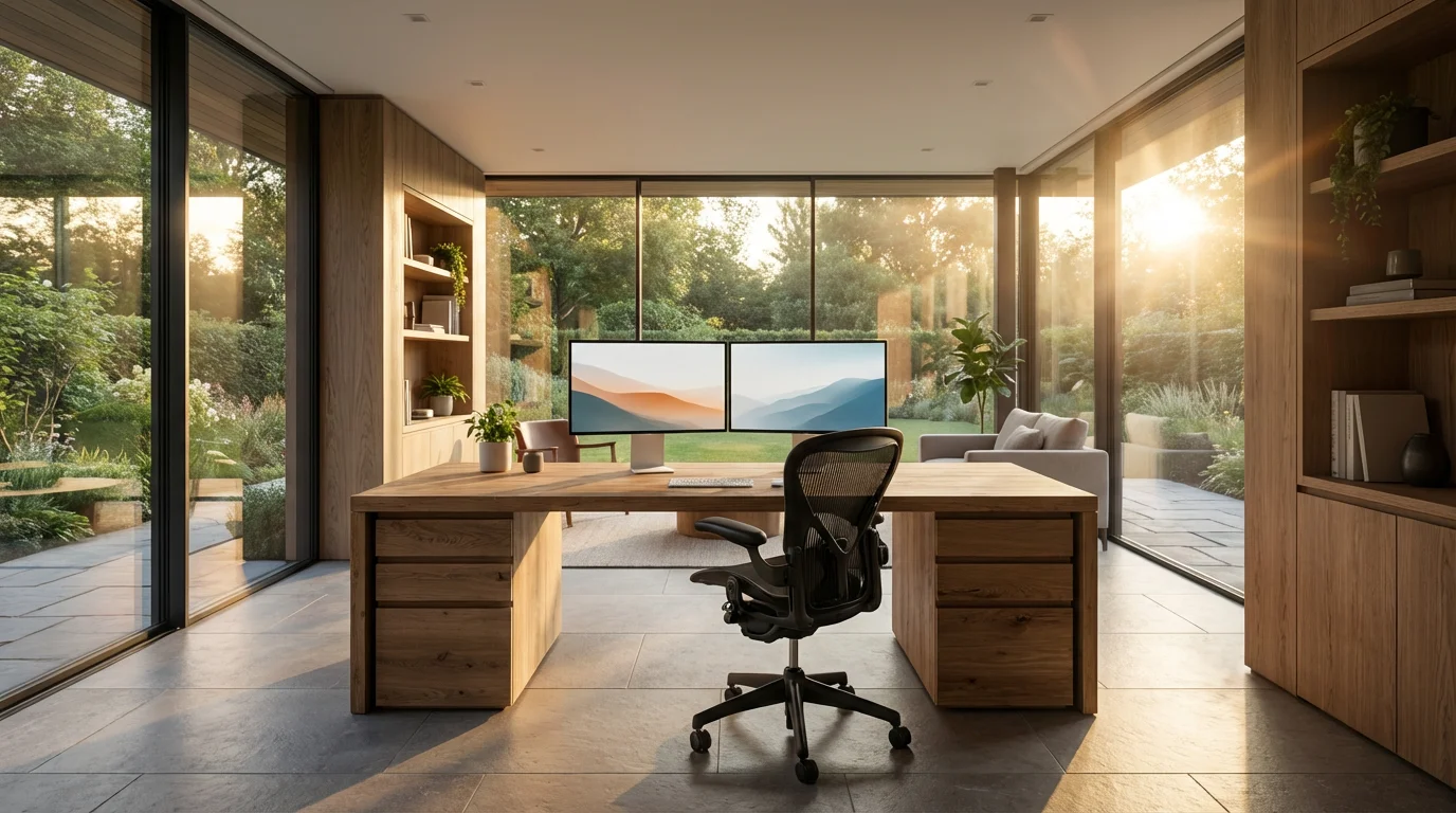 Modern home office with dual monitors and ergonomic furniture bathed in warm golden hour light.