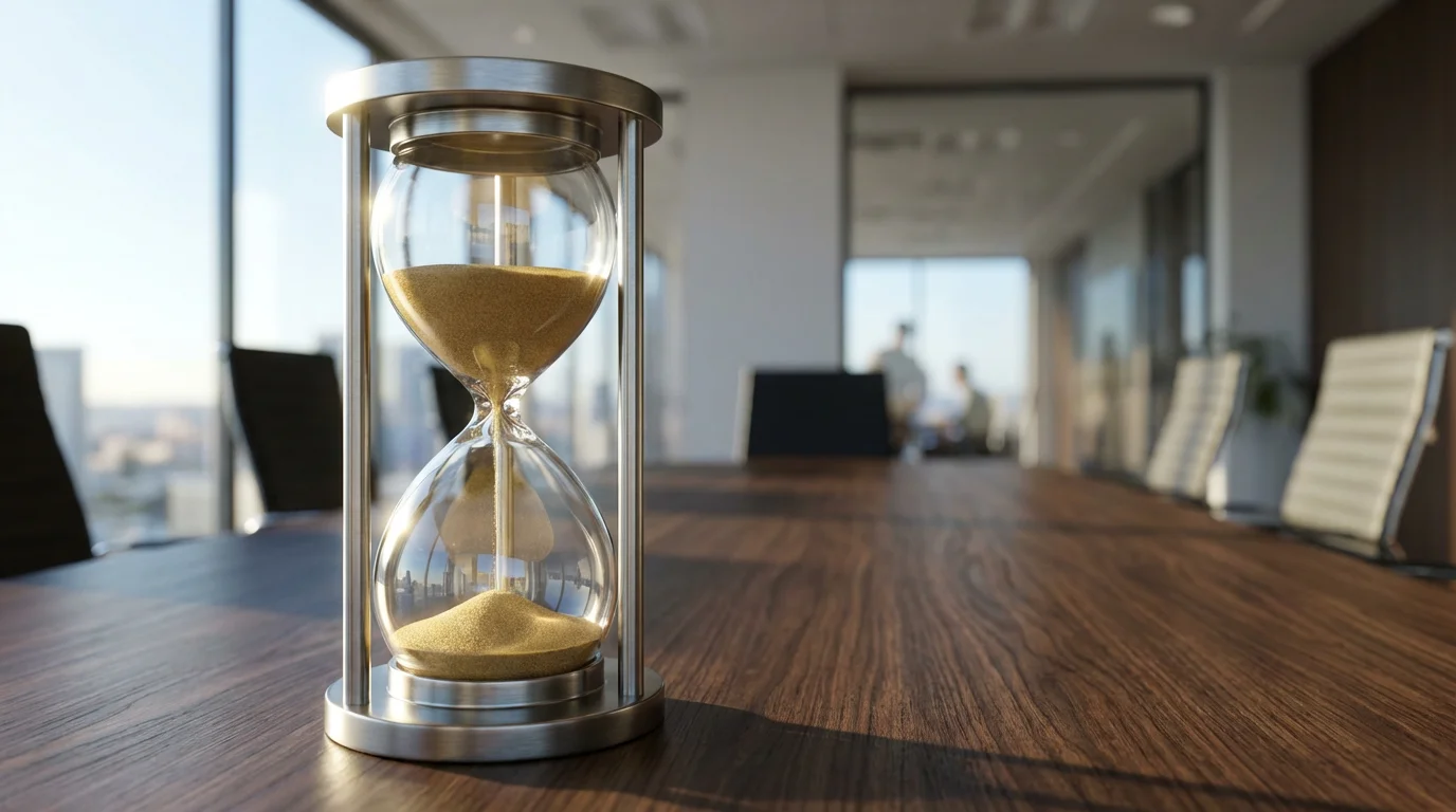 Modern hourglass on meeting table lit by natural window light, low angle view.