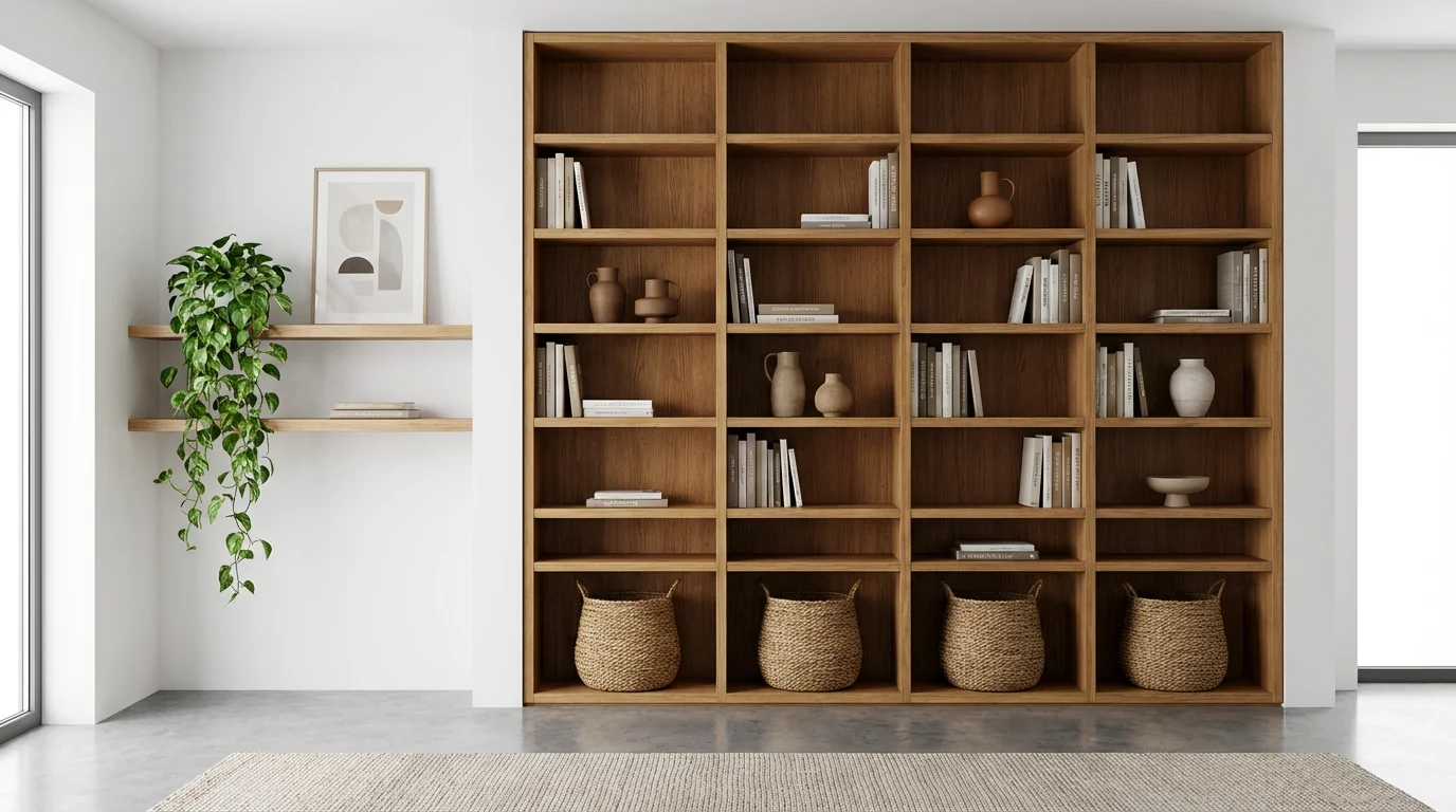 Modern living room featuring tall vertical bookshelves and floating shelves with organized decor.