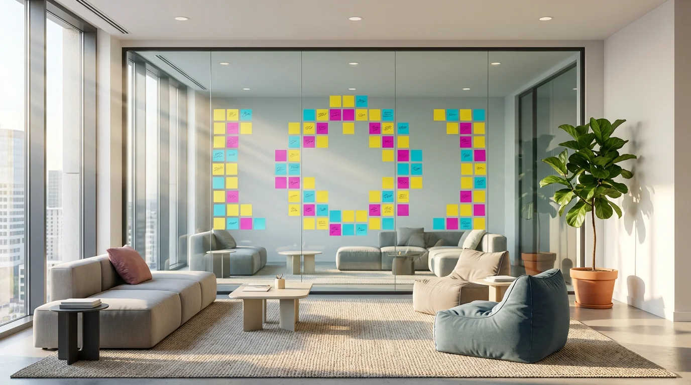 Modern office breakout space with colorful sticky notes on a glass wall in sunlight.