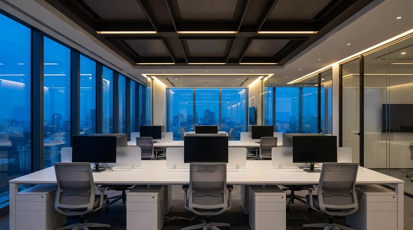 Modern open-plan office workspace interior illuminated by cool blue hour evening light.