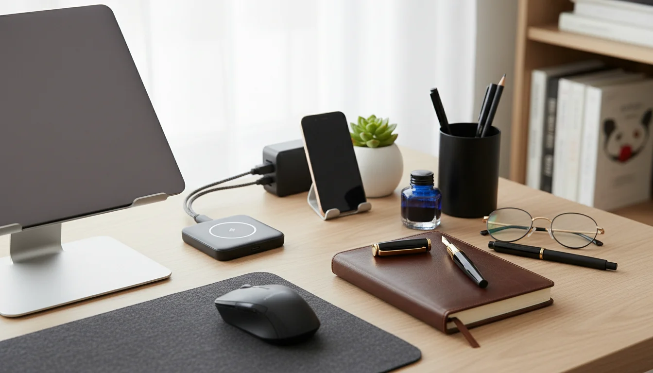 A modern, organized home office desk corner, clearly showing distinct 'tech' and 'writing' zones with a laptop, charger, notebook, and pen.