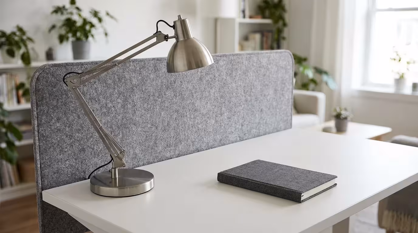Modern white desk with grey felt acoustic privacy screen blocking background view.